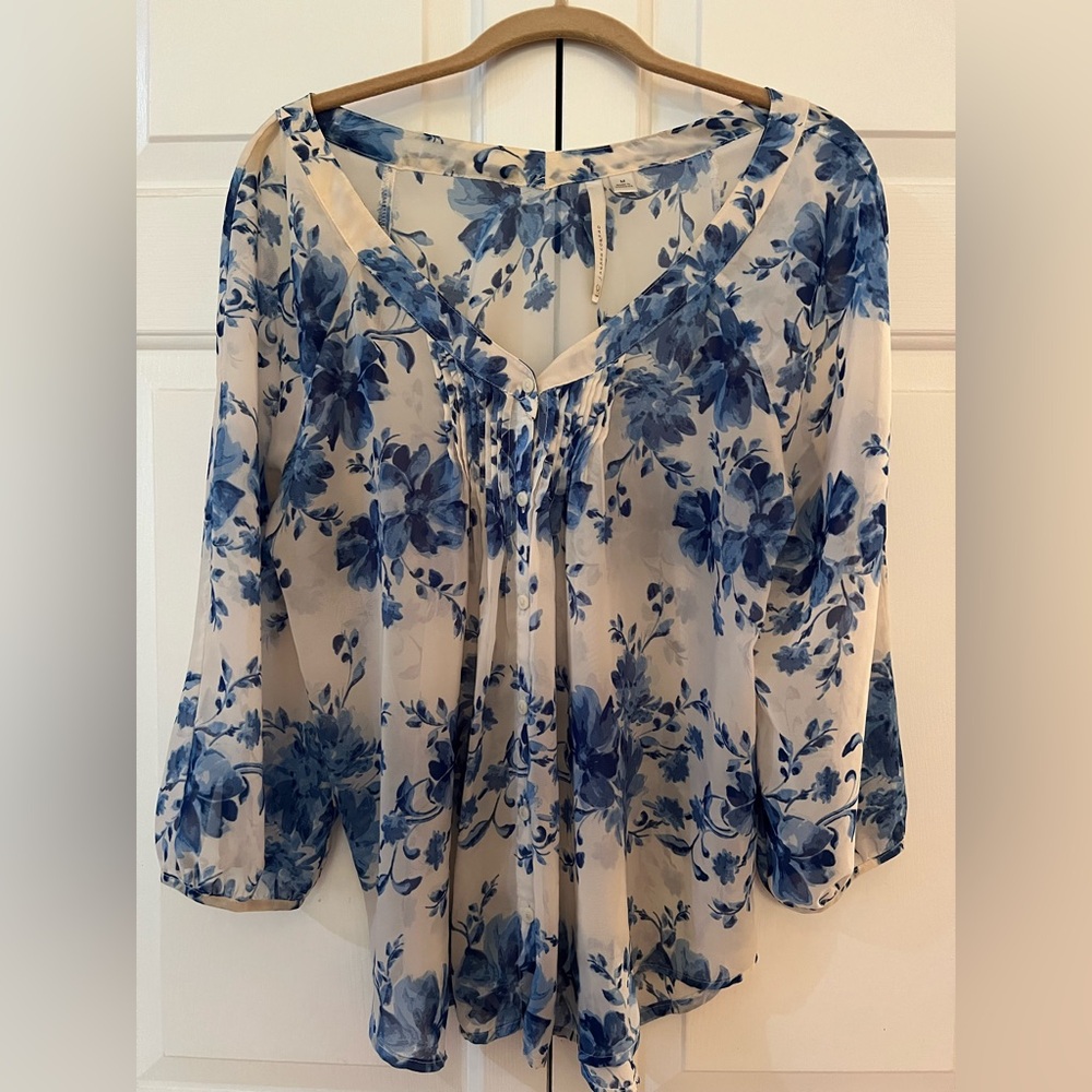 LC Lauren Conrad Blue Floral Sheer Peasant Blouse